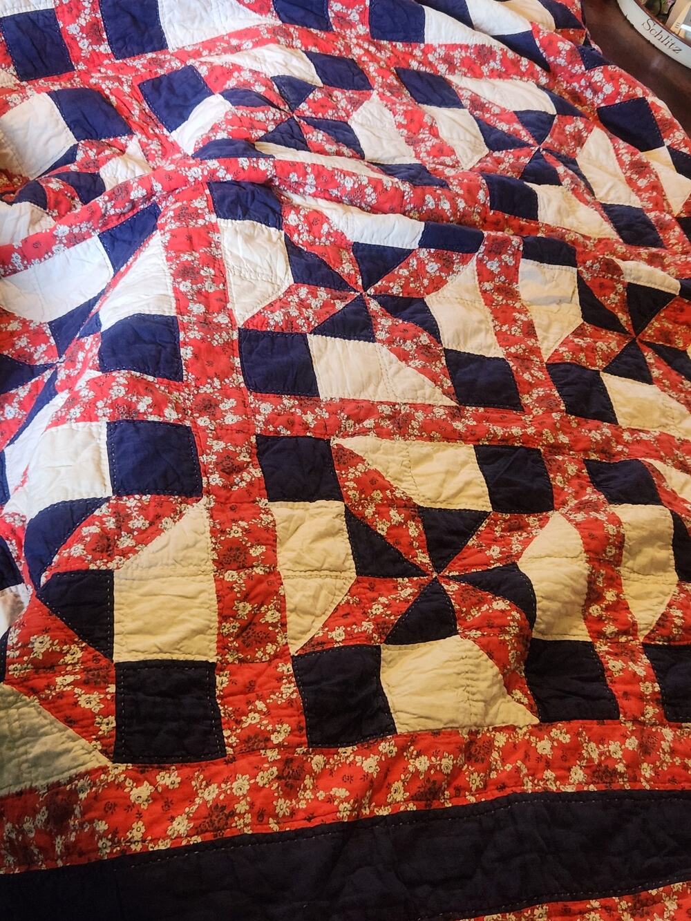 Vintage Handmade Patchwork Quilt Red Navy Blue Cream Floral Star Pinwheel Cotton